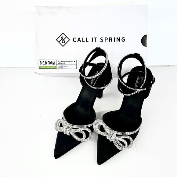 Sz 7.5 NWT Call It Spring Galaa Black Rhinestone Bow High Heels Women - Picture 1 of 14
